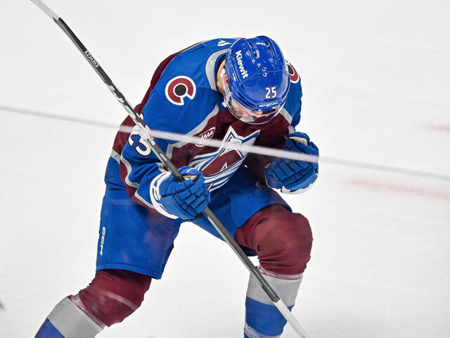 DENVER, CO - APRIL 19: Colorado Avalanche right wing Logan O'Connor (25) celebrates his goal scored in the third period during the Los Angeles Kings versus Colorado Avalanche game one Stanley Cup Playoffs First Round game at Ball Arena in Denver, Colorado on April 19, 2026.