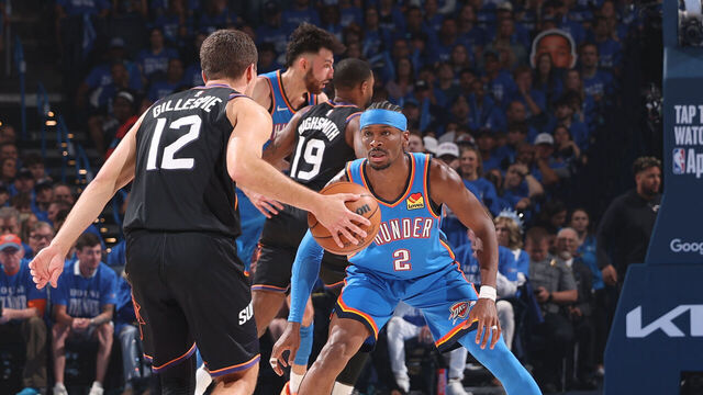 OKLAHOMA CITY, OK - APRIL 19: Shai Gilgeous-Alexander #2 of the Oklahoma City Thunder plays defense during the game agaisnt Collin Gillespie #12 of the Phoenix Suns during Round One Game One of the 2026 NBA Playoffs on April 19, 2026 at Paycom Center in Oklahoma City, Oklahoma. Mandatory Copyright Notice: Copyright 2026 NBAE