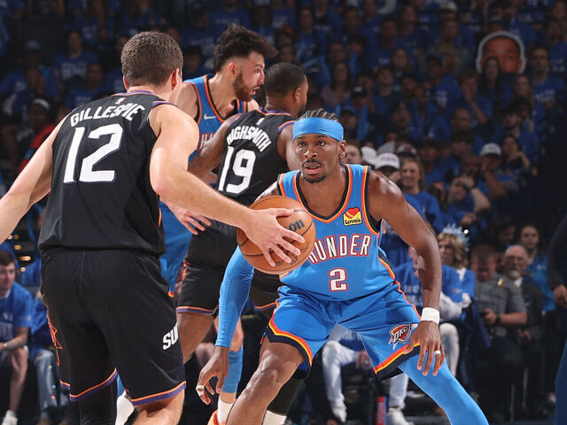 OKLAHOMA CITY, OK - APRIL 19: Shai Gilgeous-Alexander #2 of the Oklahoma City Thunder plays defense during the game agaisnt Collin Gillespie #12 of the Phoenix Suns during Round One Game One of the 2026 NBA Playoffs on April 19, 2026 at Paycom Center in Oklahoma City, Oklahoma. Mandatory Copyright Notice: Copyright 2026 NBAE