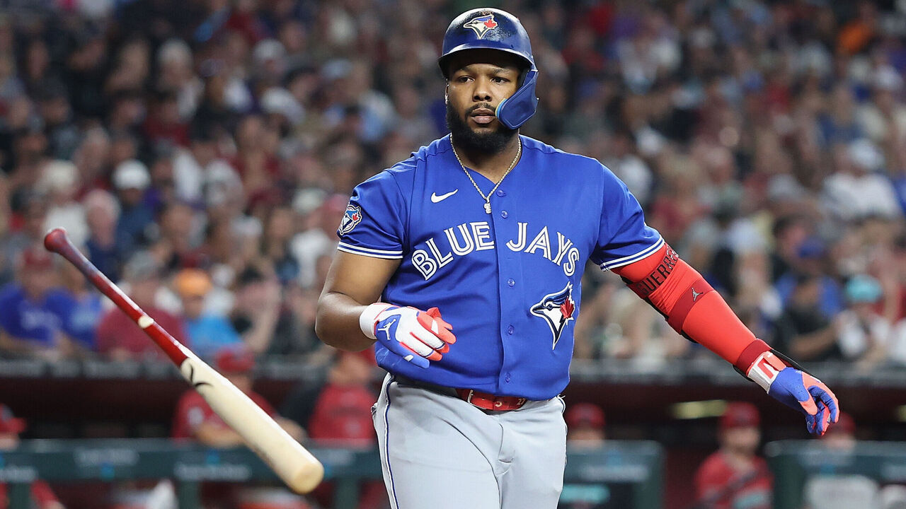 PHOENIX, ARIZONA - APRIL 19: Vladimir Guerrero Jr. #27 of the Toronto Blue Jays reacts after striking out during the first inning of the MLB game against the Arizona Diamondbacksat Chase Field on April 19, 2026 in Phoenix, Arizona.