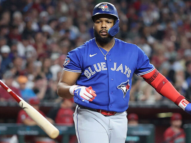 PHOENIX, ARIZONA - APRIL 19: Vladimir Guerrero Jr. #27 of the Toronto Blue Jays reacts after striking out during the first inning of the MLB game against the Arizona Diamondbacksat Chase Field on April 19, 2026 in Phoenix, Arizona.
