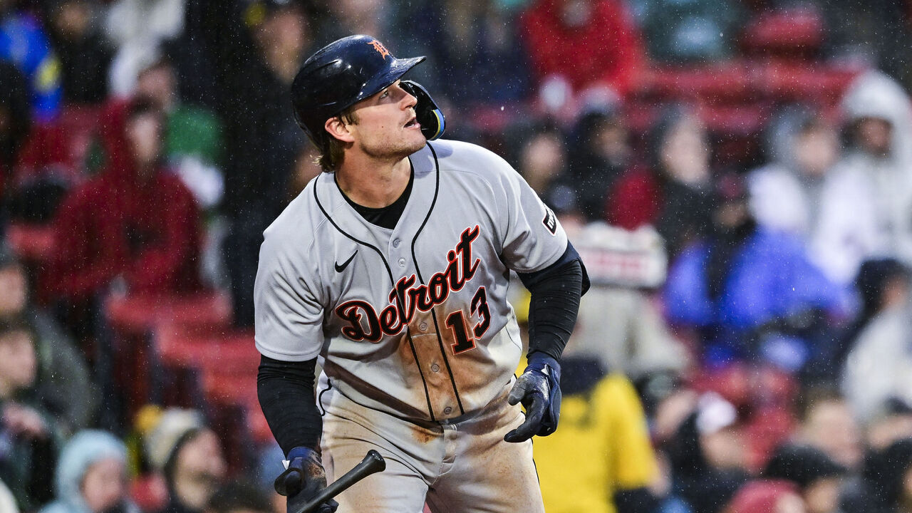 BOSTON, MASSACHUSETTS - APRIL 19: Dillon Dingler #13 of the Detroit Tigers hits a three-run home run during the fifth inning against the Boston Red Sox at Fenway Park on April 19, 2026 in Boston, Massachusetts.