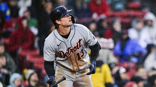 BOSTON, MASSACHUSETTS - APRIL 19: Dillon Dingler #13 of the Detroit Tigers hits a three-run home run during the fifth inning against the Boston Red Sox at Fenway Park on April 19, 2026 in Boston, Massachusetts.