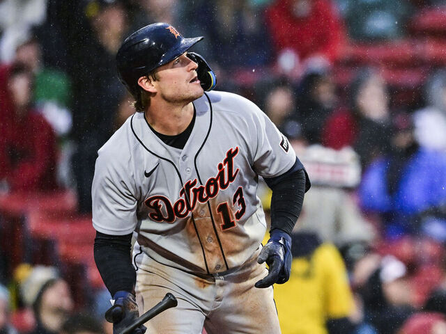 BOSTON, MASSACHUSETTS - APRIL 19: Dillon Dingler #13 of the Detroit Tigers hits a three-run home run during the fifth inning against the Boston Red Sox at Fenway Park on April 19, 2026 in Boston, Massachusetts.