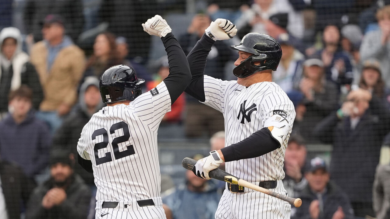 BRONX, NY - APRIL 19: New York Yankees Right Fielder Aaron Judge (99) congratulates New York Yankees Designated Hitter Ben Rice (22) for hitting a home run during the second inning of a Major League Baseball game between the Kansas City Royals and the New York Yankees on April 19, 2026, at Yankee Stadium in The Bronx, NY.