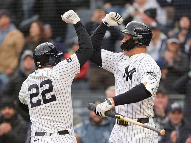 BRONX, NY - APRIL 19: New York Yankees Right Fielder Aaron Judge (99) congratulates New York Yankees Designated Hitter Ben Rice (22) for hitting a home run during the second inning of a Major League Baseball game between the Kansas City Royals and the New York Yankees on April 19, 2026, at Yankee Stadium in The Bronx, NY.