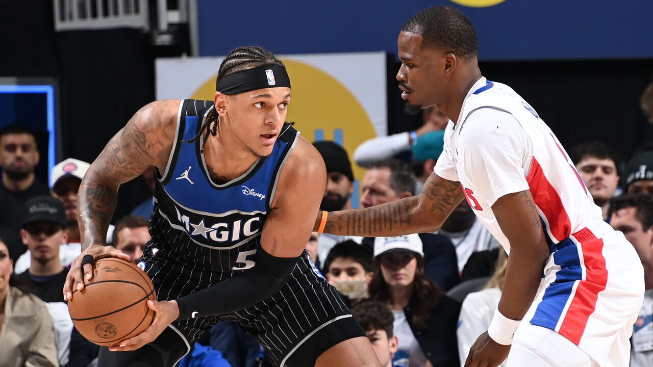 DETROIT, MI - APRIL 19: Paolo Banchero #5 of the Orlando Magic drives to the basket during the game against the Detroit Pistons during Round One Game One of the 2026 NBA Playoffs on April 19, 2026 at Little Caesars Arena in Detroit, Michigan. NOTE TO USER: User expressly acknowledges and agrees that, by downloading and/or using this photograph, User is consenting to the terms and conditions of the Getty Images License Agreement. Mandatory Copyright Notice: Copyright 2026 NBAE