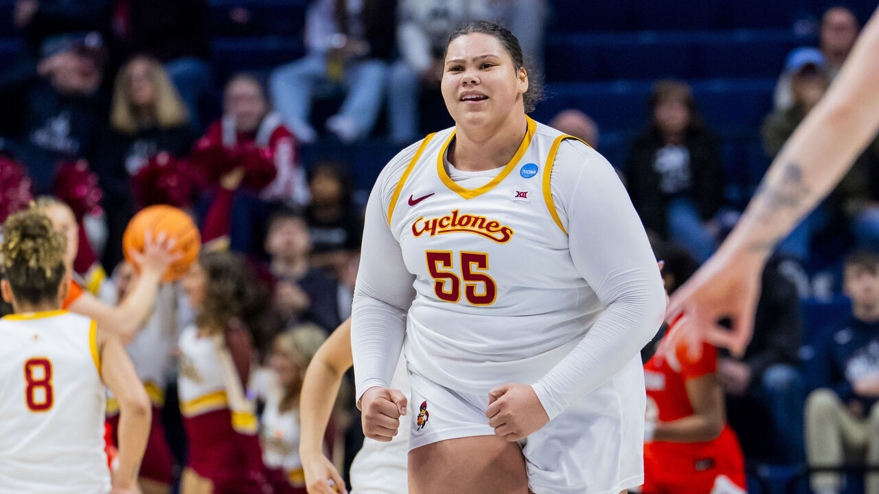 STORRS, CONNECTICUT - MARCH 21: Audi Crooks #55 of the Iowa State Cyclones reacts during the second half in the first round of the 2026 NCAA Women's Basketball Tournament against the Syracuse Orange at Harry A. Gampel Pavilion on March 21, 2026 in Storrs, Connecticut.