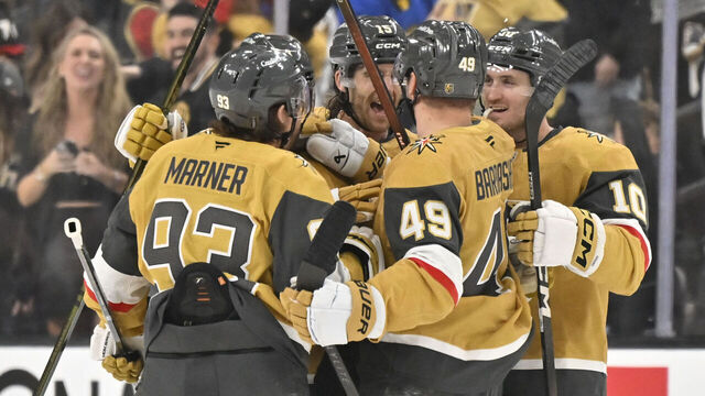 LAS VEGAS, NEVADA - APRIL 19: Ivan Barbashev #49 of the Vegas Golden Knights celebrates with teammates after a goal during the third period against the Utah Mammoth in Game One of the First Round of the 2026 Stanley Cup Playoffs at T-Mobile Arena on April 19, 2026 in Las Vegas, Nevada.