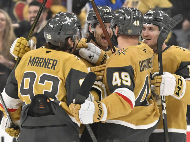 LAS VEGAS, NEVADA - APRIL 19: Ivan Barbashev #49 of the Vegas Golden Knights celebrates with teammates after a goal during the third period against the Utah Mammoth in Game One of the First Round of the 2026 Stanley Cup Playoffs at T-Mobile Arena on April 19, 2026 in Las Vegas, Nevada.