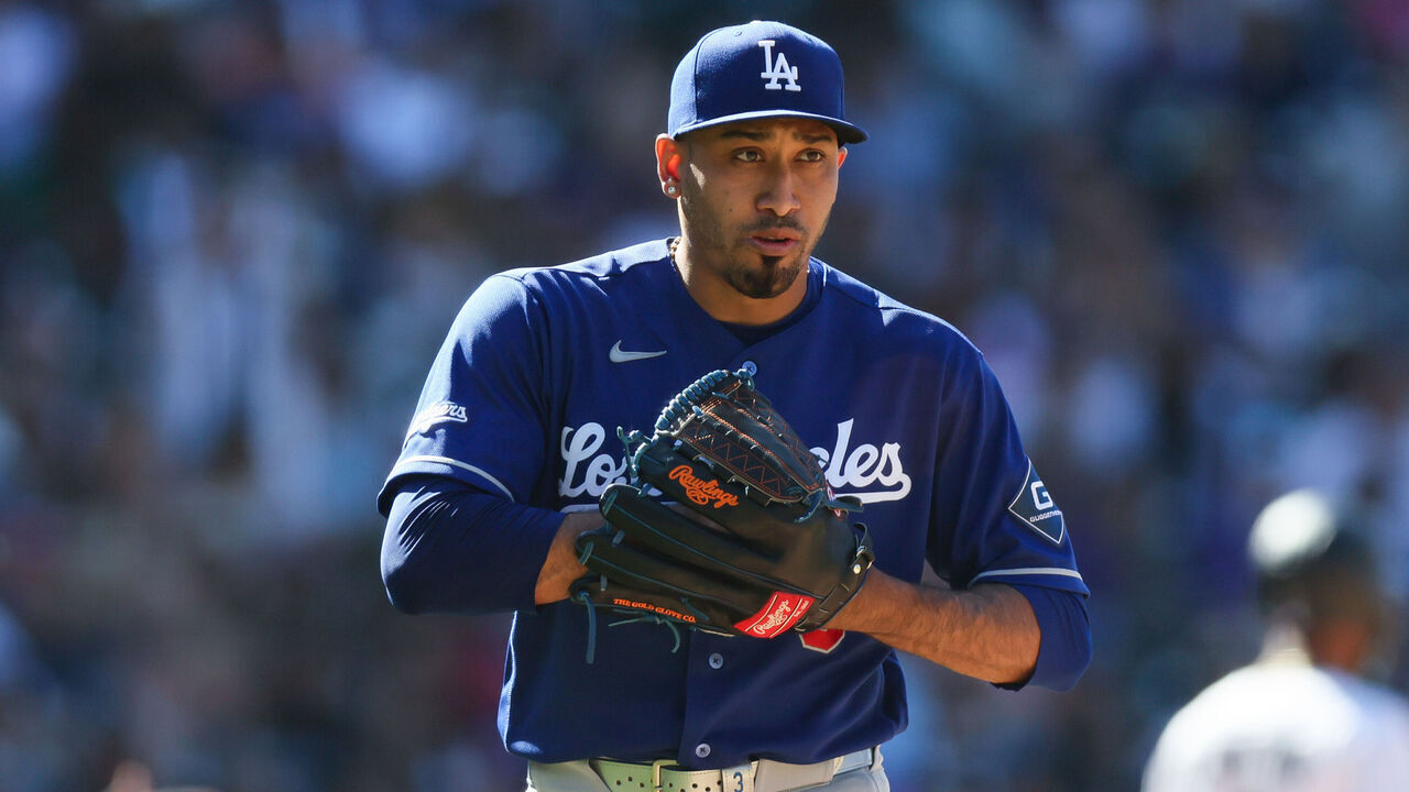 DENVER, CO - APRIL 19: Edwin Diaz #3 of the Los Angeles Dodgers looks on from the mound in the eighth inning against the Colorado Rockies at Coors Field on April 19, 2026 in Denver, Colorado.
