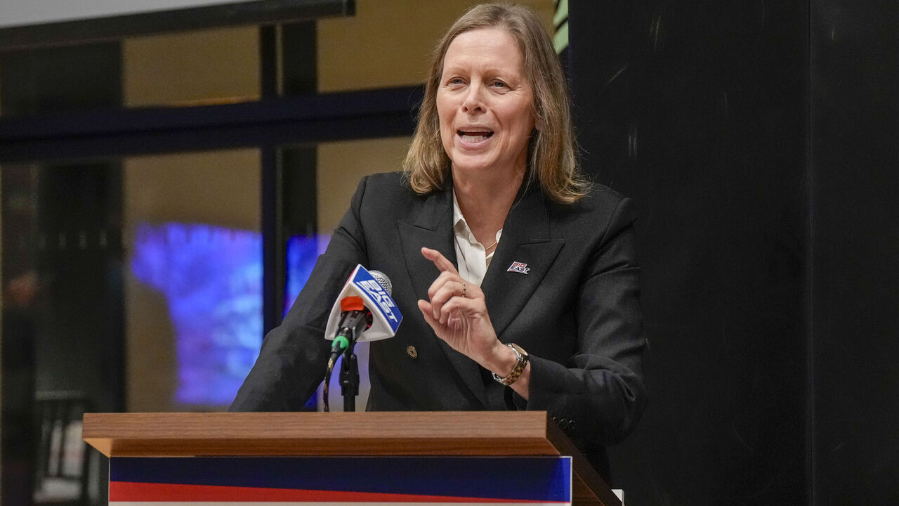 NEW YORK, NY - OCTOBER 20: Big East Commissioner Val Ackerman speaks during a Roundtable on the Future of College Basketball sponsored by the Big East Conference at The Empire State Building on October 20, 2025 in New York City. .