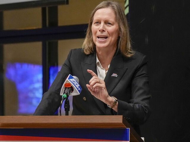 NEW YORK, NY - OCTOBER 20: Big East Commissioner Val Ackerman speaks during a Roundtable on the Future of College Basketball sponsored by the Big East Conference at The Empire State Building on October 20, 2025 in New York City. .