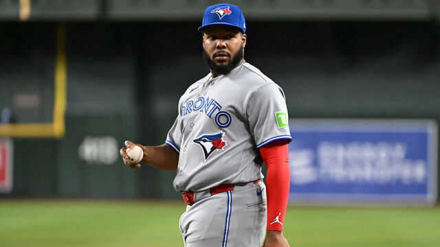 PHOENIX, ARIZONA - APRIL 17: Vladimir Gurrero Jr #27 of the Toronto Blue Jays looks to his dugout against the Arizona Diamondbacks at Chase Field on April 17, 2026 in Phoenix, Arizona.