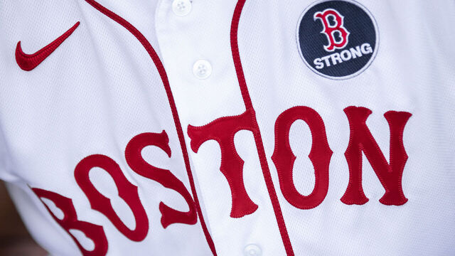 BOSTON, MA - APRIL 19: The Patriots Day jersey of the Boston Red Sox id displayed during the first inning of a game against the Chicago White Sox on April 19, 2021 at Fenway Park in Boston, Massachusetts.