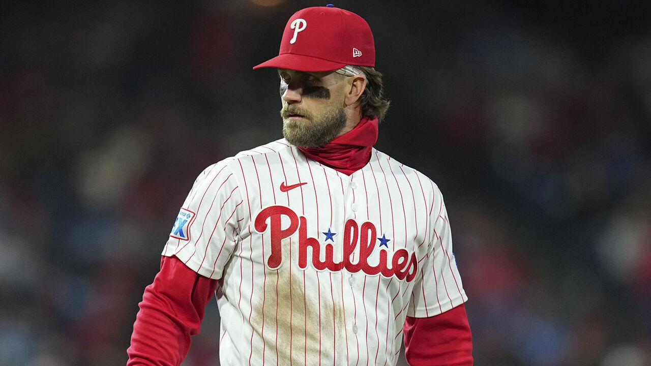 PHILADELPHIA, PENNSYLVANIA - APRIL 19: Bryce Harper #3 of the Philadelphia Phillies looks on against the Atlanta Braves at Citizens Bank Park on April 19, 2026 in Philadelphia, Pennsylvania. The Braves defeated the Phillies 4-2.