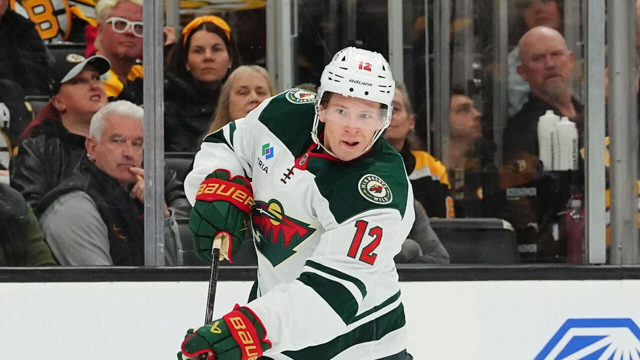 BOSTON, MA - MARCH 28: Matt Boldy #12 of the Minnesota Wild shoots the puck against the Boston Bruins at the TD Garden on March 28, 2026 in Boston, Massachusetts.