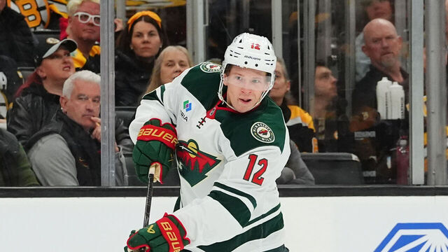 BOSTON, MA - MARCH 28: Matt Boldy #12 of the Minnesota Wild shoots the puck against the Boston Bruins at the TD Garden on March 28, 2026 in Boston, Massachusetts.