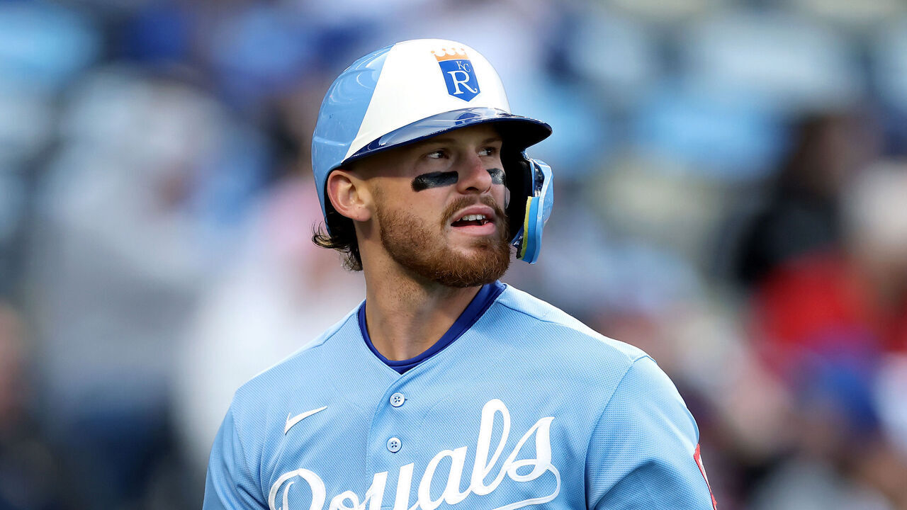 KANSAS CITY, MISSOURI - APRIL 04: Shortstop Bobby Witt Jr. #7 of the Kansas City Royals walks to the dugout during game two of a double-header against the Milwaukee Brewers at Kauffman Stadium on April 04, 2026 in Kansas City, Missouri.