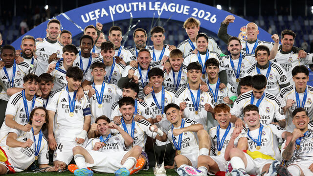 LAUSANNE, SWITZERLAND - APRIL 20: Players of Real Madrid pose for a photo with the UEFA Youth League trophy following victory in the UEFA Youth League Final match between Club Brugge KV and Real Madrid C.F. at Stade de la Tuiliere on April 20, 2026 in Lausanne, Switzerland.