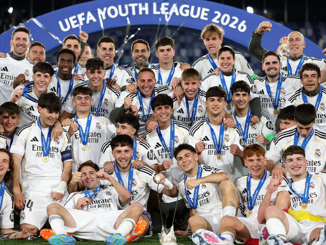 LAUSANNE, SWITZERLAND - APRIL 20: Players of Real Madrid pose for a photo with the UEFA Youth League trophy following victory in the UEFA Youth League Final match between Club Brugge KV and Real Madrid C.F. at Stade de la Tuiliere on April 20, 2026 in Lausanne, Switzerland.
