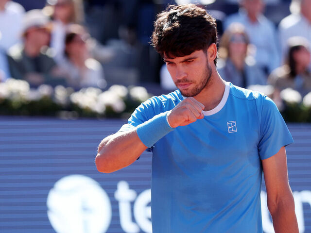 BARCELONA, SPAIN - APRIL 14: Carlos Alcaraz of Spain in action against Otto Virtanen of Finland during the round of 32 match during the Barcelona Open Banc Sabadell Day 4 at the Real Club de Tenis de Barcelona on April 14, 2026 in Barcelona Spain