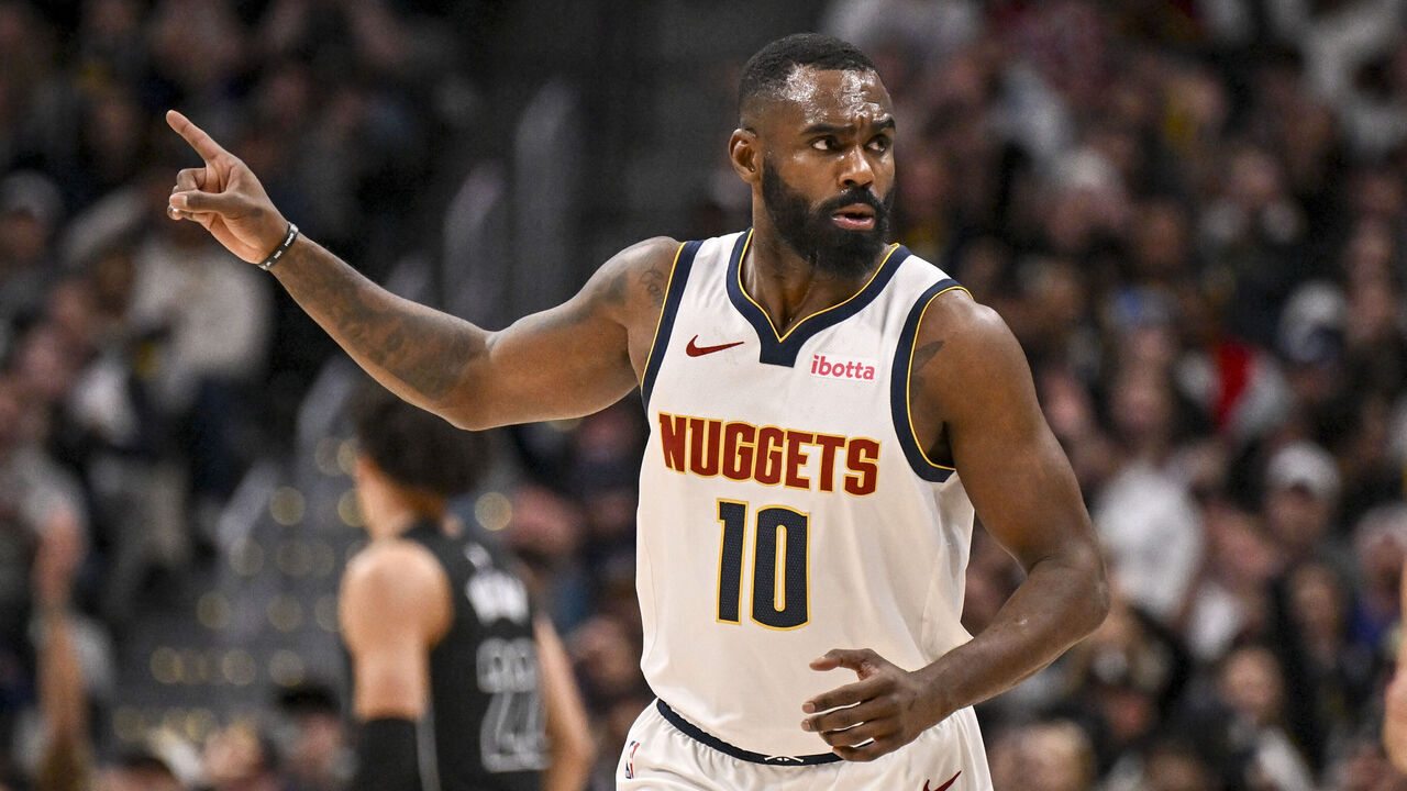 DENVER , CO - JANUARY 29: Tim Hardaway Jr. (10) of the Denver Nuggets reacts to making a three pointer during the fourth quarter of the Nuggets' 107-103 win over the Brooklyn Nets at Ball Arena in Denver, Colorado on Thursday, January 29, 2026.
