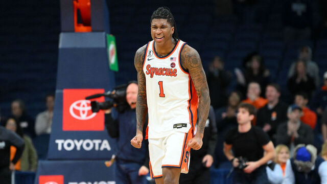 SYRACUSE, NEW YORK - FEBRUARY 11: Donnie Freeman #1 of the Syracuse Orange reacts following the game against the California Golden Bears at the JMA Wireless Dome on February 11, 2026 in Syracuse, New York. Syracuse won 107-100 in double overtime.