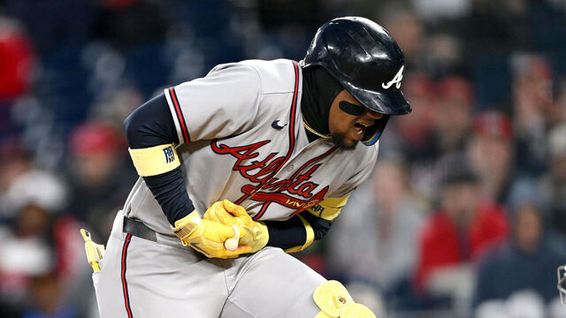 WASHINGTON, DC - APRIL 20: Ronald Acuña Jr. #13 of the Atlanta Braves reacts after being hit by a pitch in the sixth inning against the Washington Nationals at Nationals Park on April 20, 2026 in Washington, DC.