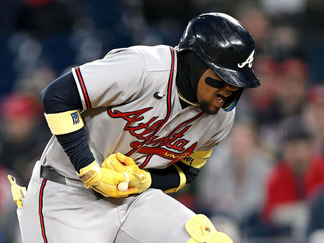 WASHINGTON, DC - APRIL 20: Ronald Acuña Jr. #13 of the Atlanta Braves reacts after being hit by a pitch in the sixth inning against the Washington Nationals at Nationals Park on April 20, 2026 in Washington, DC.
