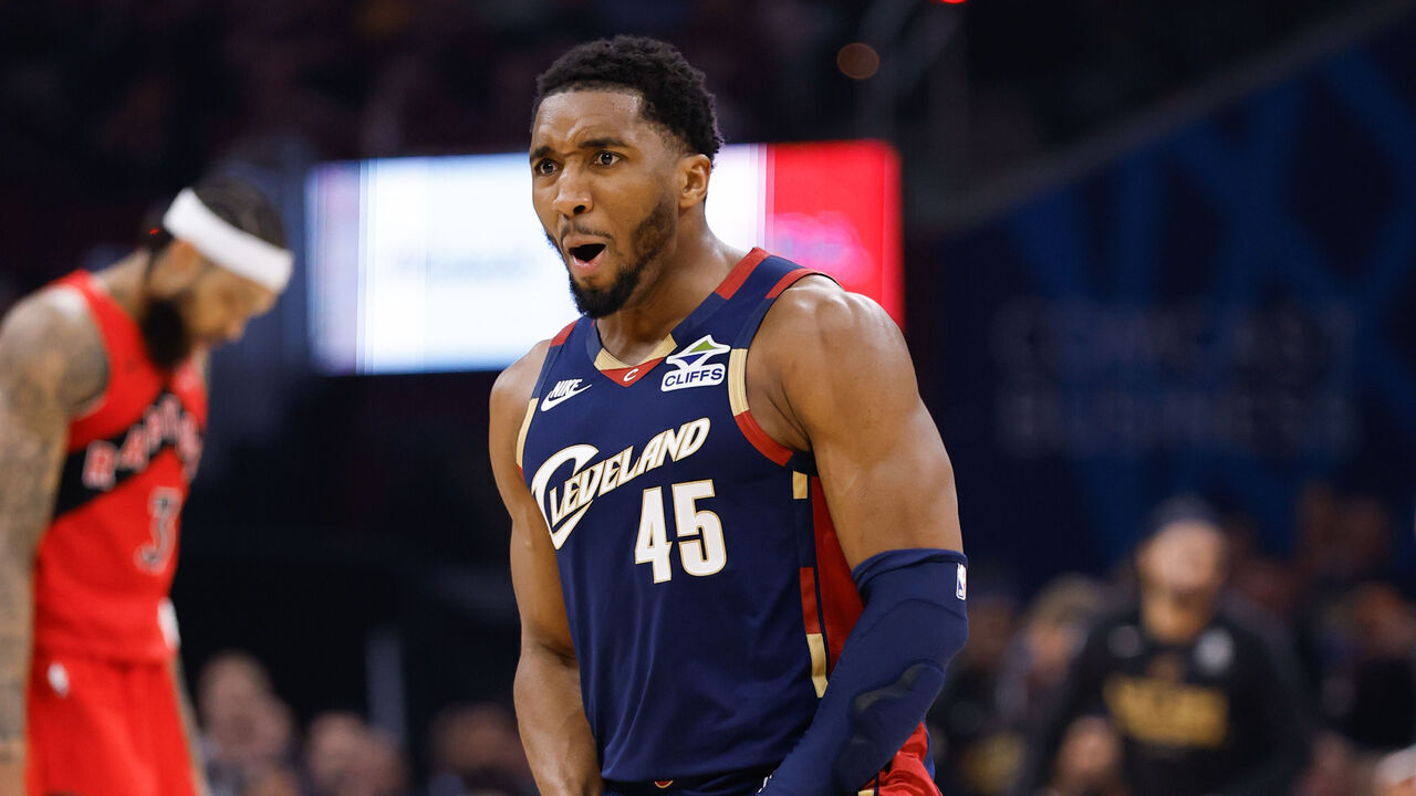 CLEVELAND, OH - APRIL 20: Donovan Mitchell #45 of the Cleveland Cavaliers celebrates during the game against the Toronto Raptors during Round One Game Two of the 2026 NBA Playoffs on April 20, 2026 at Rocket Mortgage FieldHouse in Cleveland, Ohio. NOTE TO USER: User expressly acknowledges and agrees that, by downloading and/or using this Photograph, user is consenting to the terms and conditions of the Getty Images License Agreement. Mandatory Copyright Notice: Copyright 2026 NBAE