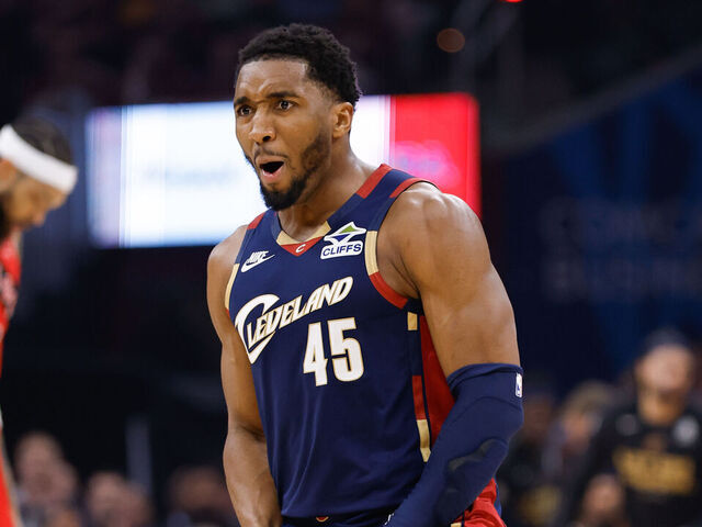 CLEVELAND, OH - APRIL 20: Donovan Mitchell #45 of the Cleveland Cavaliers celebrates during the game against the Toronto Raptors during Round One Game Two of the 2026 NBA Playoffs on April 20, 2026 at Rocket Mortgage FieldHouse in Cleveland, Ohio. NOTE TO USER: User expressly acknowledges and agrees that, by downloading and/or using this Photograph, user is consenting to the terms and conditions of the Getty Images License Agreement. Mandatory Copyright Notice: Copyright 2026 NBAE