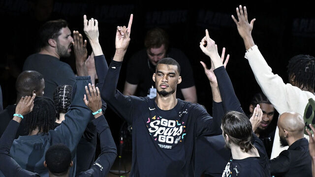 SAN ANTONIO, TX - APRIL 19: Victor Wembanyama #1 of the San Antonio Spurs is introduced before the game against the Portland Trail Blazers during Round One Game One of the 2026 NBA Playoffs on April 19, 2026 at the Frost Bank Center in San Antonio, Texas. Mandatory Copyright Notice: Copyright 2026 NBAE (Photos by David Dow/NBAE via Getty Images)