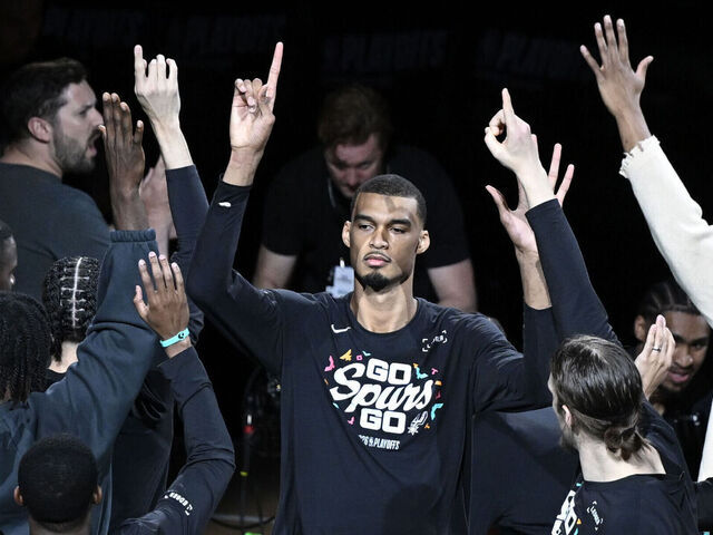 SAN ANTONIO, TX - APRIL 19: Victor Wembanyama #1 of the San Antonio Spurs is introduced before the game against the Portland Trail Blazers during Round One Game One of the 2026 NBA Playoffs on April 19, 2026 at the Frost Bank Center in San Antonio, Texas. Mandatory Copyright Notice: Copyright 2026 NBAE (Photos by David Dow/NBAE via Getty Images)