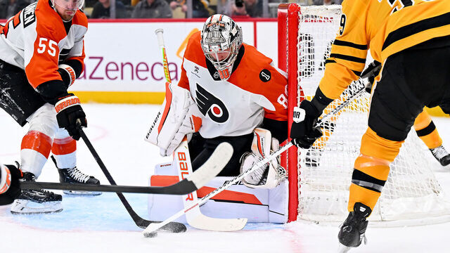 PITTSBURGH, PA - APRIL 20: Dan Vladar #80 of the Philadelphia Flyers protects the net against Anthony Mantha #39 of the Pittsburgh Penguins in Game Two of the First Round of the 2026 Stanley Cup Playoffs at PPG PAINTS Arena on April 20, 2026 in Pittsburgh, Pennsylvania.