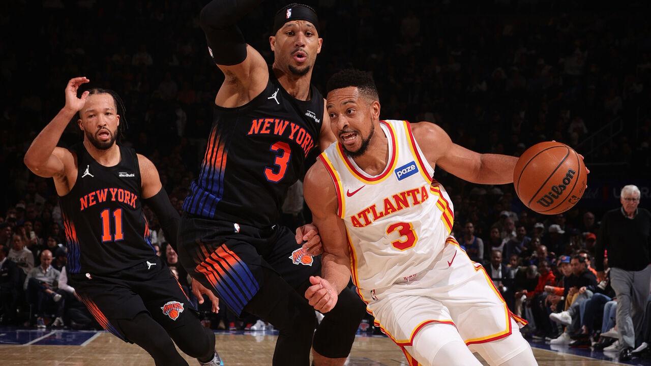 NEW YORK, NY - APRIL 20: CJ McCollum #3 of the Atlanta Hawks drives to the basket during the game against the New York Knicks during Round One Game Two of the 2026 NBA Playoffs on April 20, 2026 at Madison Square Garden in New York City, New York. Mandatory Copyright Notice: Copyright 2026 NBAE