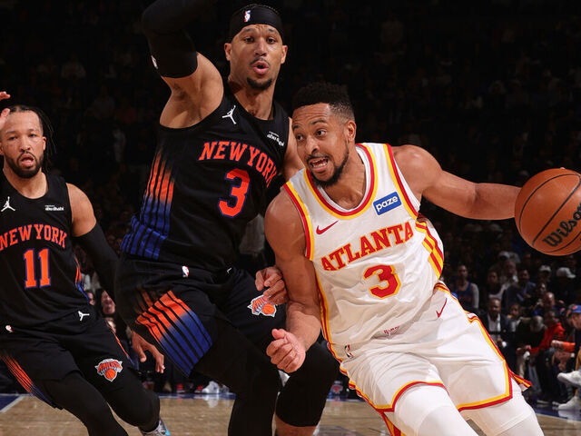 NEW YORK, NY - APRIL 20: CJ McCollum #3 of the Atlanta Hawks drives to the basket during the game against the New York Knicks during Round One Game Two of the 2026 NBA Playoffs on April 20, 2026 at Madison Square Garden in New York City, New York. Mandatory Copyright Notice: Copyright 2026 NBAE