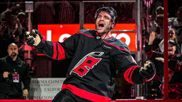 RALEIGH, NORTH CAROLINA - APRIL 20: Jordan Martinook #48 of the Carolina Hurricanes is recognized as one of the stars of the game after scoring the game-winning goal during the second overtime period against the Ottawa Senators in Game Two of the First Round of the 2026 Stanley Cup Playoffs at Lenovo Center on April 20, 2026 in Raleigh, North Carolina.