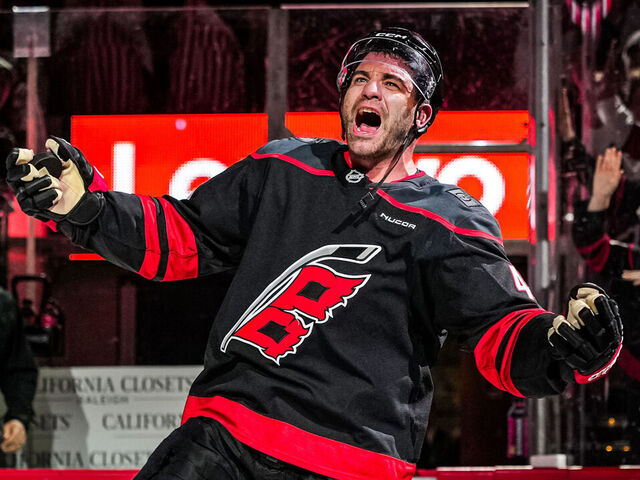 RALEIGH, NORTH CAROLINA - APRIL 20: Jordan Martinook #48 of the Carolina Hurricanes is recognized as one of the stars of the game after scoring the game-winning goal during the second overtime period against the Ottawa Senators in Game Two of the First Round of the 2026 Stanley Cup Playoffs at Lenovo Center on April 20, 2026 in Raleigh, North Carolina.