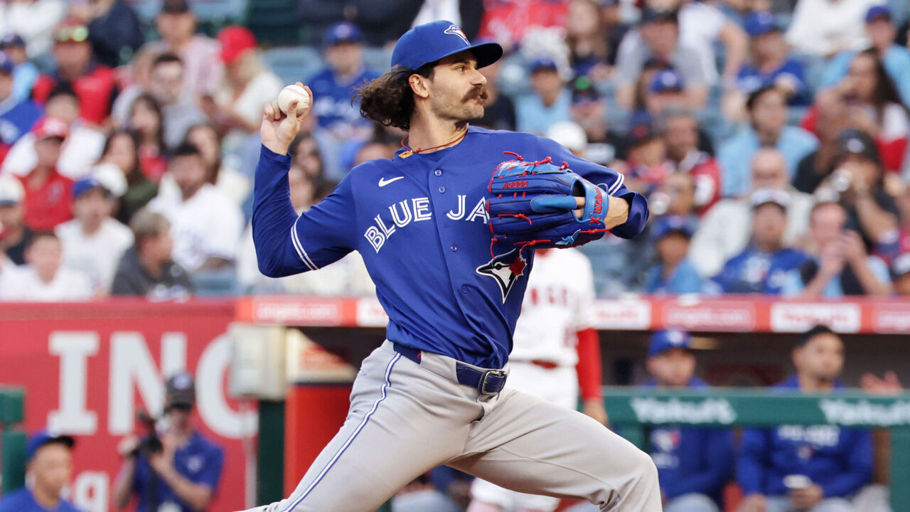 ANAHEIM, CALIFORNIA - APRIL 20: Dylan Cease #84 of the Toronto Blue Jays throws a pitch in the first inning against the Los Angeles Angels at Angel Stadium of Anaheim on April 20, 2026 in Anaheim, California.
