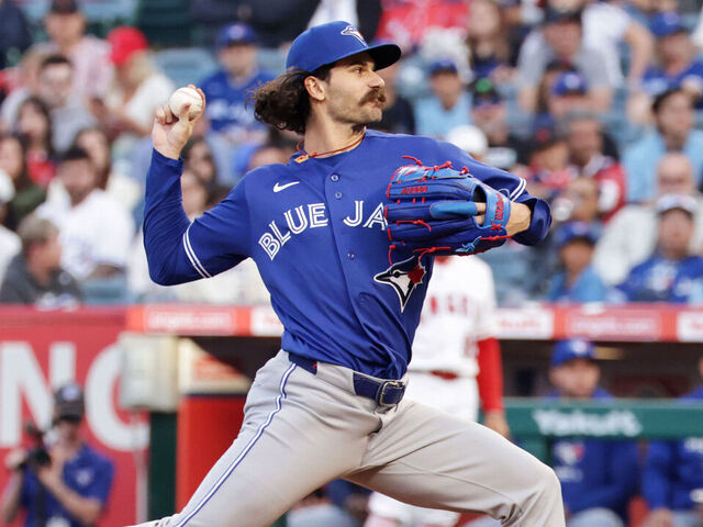 ANAHEIM, CALIFORNIA - APRIL 20: Dylan Cease #84 of the Toronto Blue Jays throws a pitch in the first inning against the Los Angeles Angels at Angel Stadium of Anaheim on April 20, 2026 in Anaheim, California.