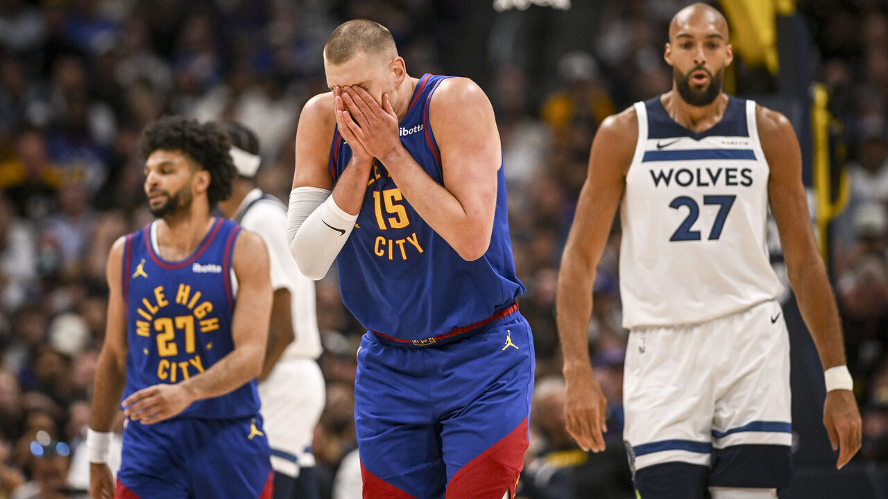 DENVER , CO - APRIL 20: Nikola Jokic (15) of the Denver Nuggets reacts to throwing an errant pass during the first quarter against the Minnesota Timberwolves at Ball Arena in Denver, Colorado on Monday, April 20, 2026.