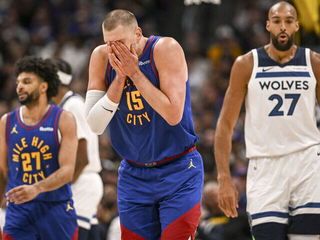 DENVER , CO - APRIL 20: Nikola Jokic (15) of the Denver Nuggets reacts to throwing an errant pass during the first quarter against the Minnesota Timberwolves at Ball Arena in Denver, Colorado on Monday, April 20, 2026.