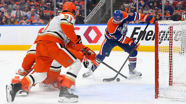 EDMONTON, CANADA - APRIL 20: Kasperi Kapanen #42 of the Edmonton Oilers collects his own rebound after a save by Lukas Dostal #1 of the Anaheim Ducks during the first period of Game One of the First Round of the 2026 Stanley Cup Playoffs at Rogers Place on April 20, 2026, in Edmonton, Alberta, Canada.