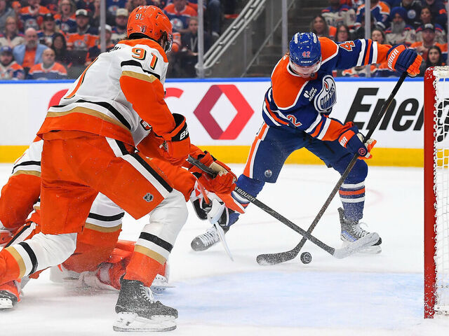 EDMONTON, CANADA - APRIL 20: Kasperi Kapanen #42 of the Edmonton Oilers collects his own rebound after a save by Lukas Dostal #1 of the Anaheim Ducks during the first period of Game One of the First Round of the 2026 Stanley Cup Playoffs at Rogers Place on April 20, 2026, in Edmonton, Alberta, Canada.