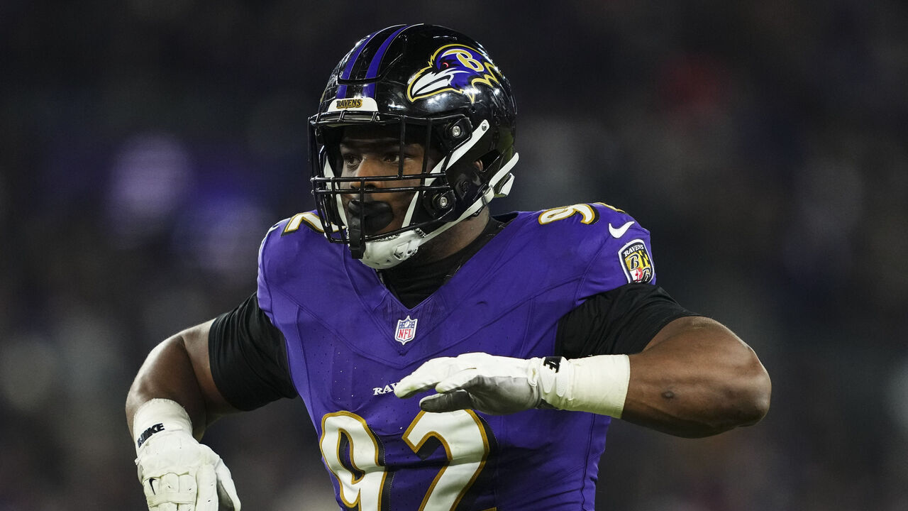 BALTIMORE, MD - JANUARY 11: Nnamdi Madubuike #92 of the Baltimore Ravens lines up before the snap during an NFL football wild card playoff game against the Pittsburgh Steelers at M&T Bank Stadium on January 11, 2025 in Baltimore, Maryland.