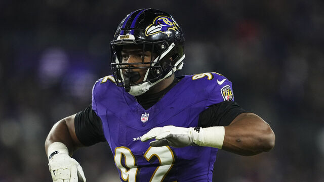 BALTIMORE, MD - JANUARY 11: Nnamdi Madubuike #92 of the Baltimore Ravens lines up before the snap during an NFL football wild card playoff game against the Pittsburgh Steelers at M&T Bank Stadium on January 11, 2025 in Baltimore, Maryland.