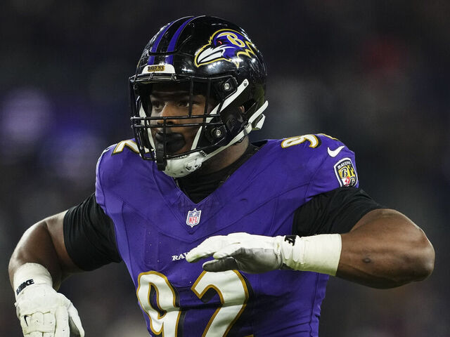 BALTIMORE, MD - JANUARY 11: Nnamdi Madubuike #92 of the Baltimore Ravens lines up before the snap during an NFL football wild card playoff game against the Pittsburgh Steelers at M&T Bank Stadium on January 11, 2025 in Baltimore, Maryland.