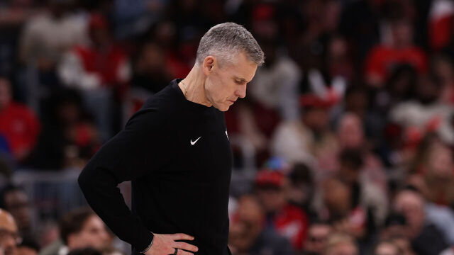CHICAGO, ILLINOIS - APRIL 10: Head coach Billy Donovan of the Chicago Bulls looks on against the Orlando Magic at the United Center on April 10, 2026 in Chicago, Illinois.