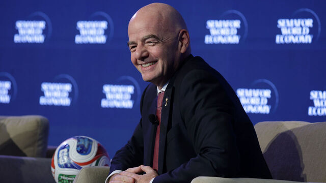 WASHINGTON, DC - APRIL 15: FIFA President Gianni Infantino speaks at the Semafor World Economy 2026 summit on April 15, 2026 in Washington, DC. The summit brings together business leaders and tech CEOs for discussions on economy, artificial intelligence and business trends.